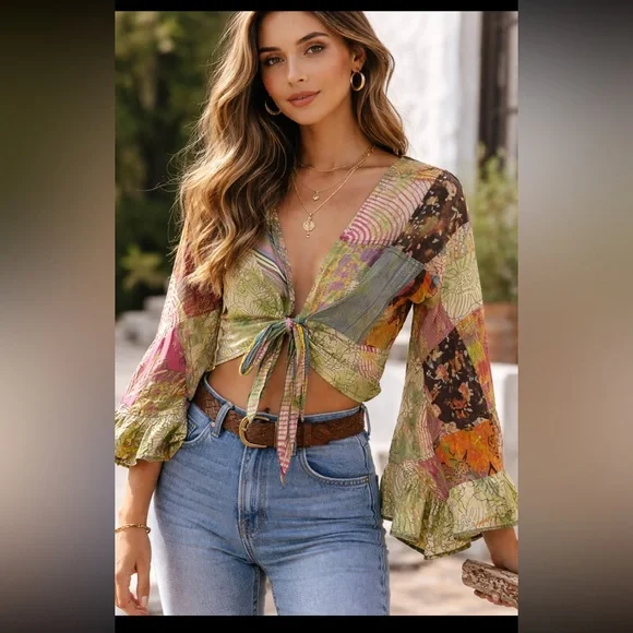 Kathmandu Imports Boho Patchwork Tie Front Bell Sleeve Blouse size small/medium - Picture 1 of 9